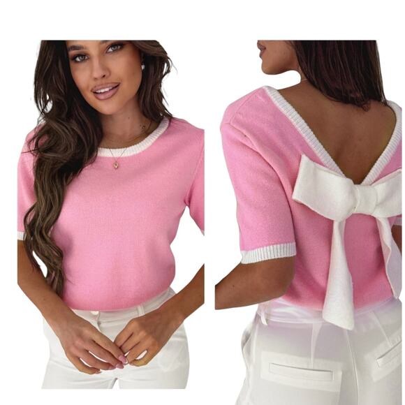 Sweaters - Pink White  Bow V-Shape Cut Back Short Sleeve Sweater New S M L XL